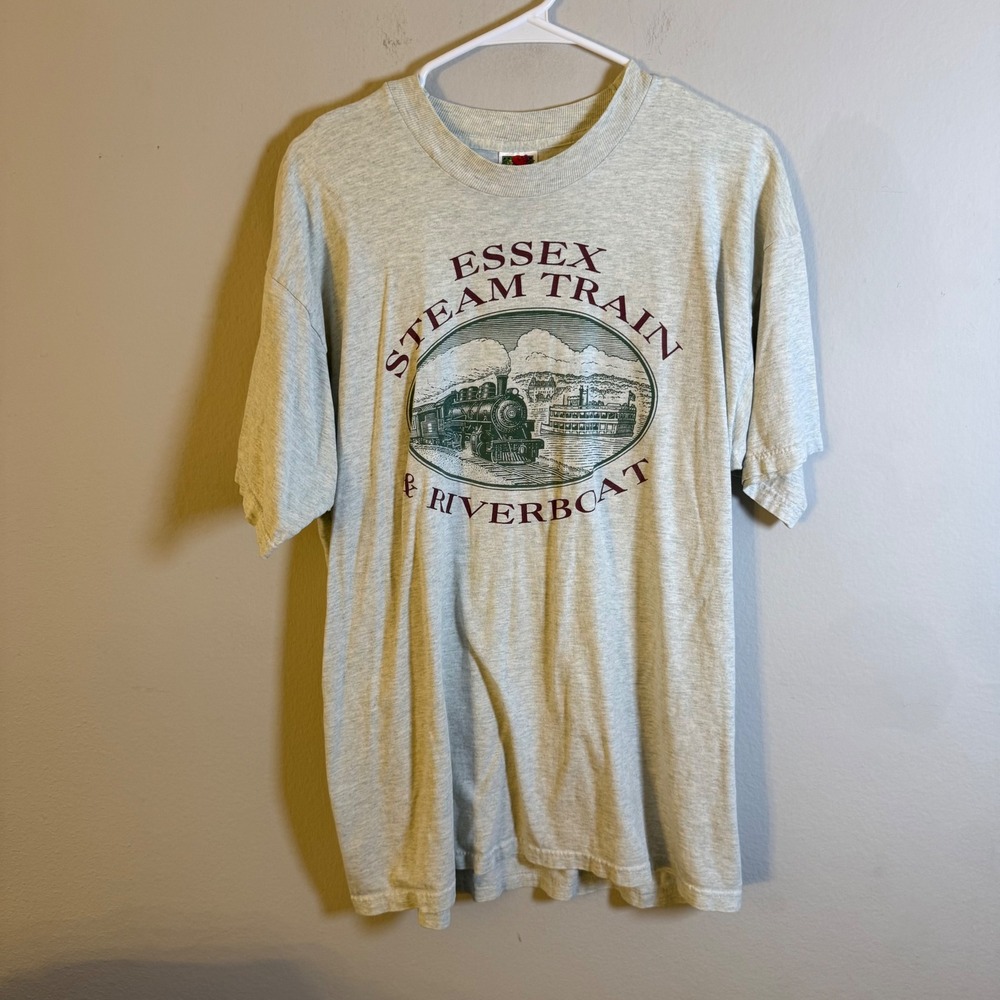 Vintage Essex Steam Train Riverboat Fruit of the Loom‎ Grey Graphic T-Shirt XL